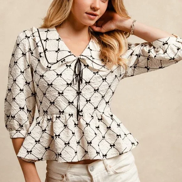 BiBi Bow Prints-patterns Ruffle Collar Details Peplum Top - Picture 5 of 7